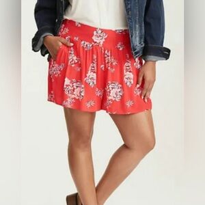 Torrid Crinkle Gauze Shorts Coral Red Blue Floral High Waisted Lined Plus Sz 2X